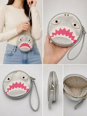 Luv Betsey Shark Face Silver Wristlet with Pink Interior & Zip Closure